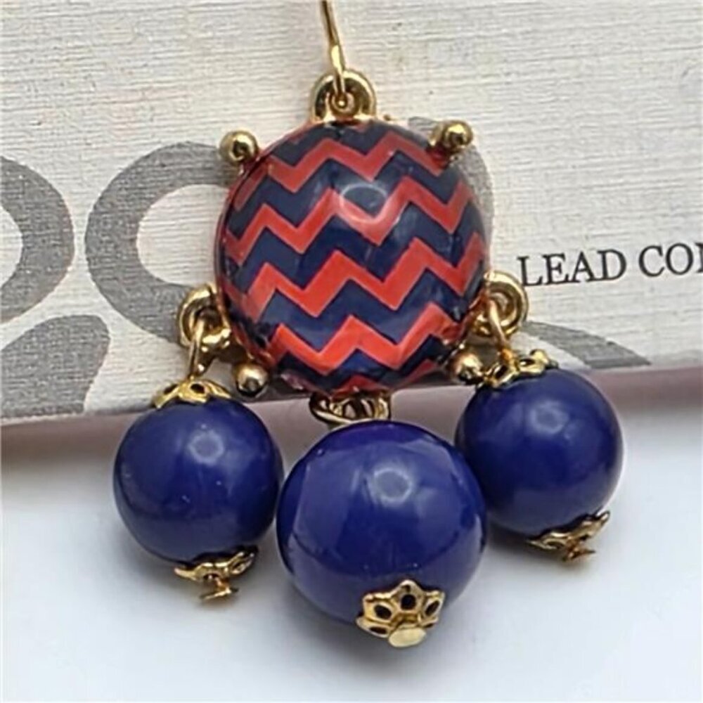 Gold Tone Rolo Chain Necklace Blue Red Chevron Bead Waterfall Bib 26” w/ Earring - Picture 6 of 7